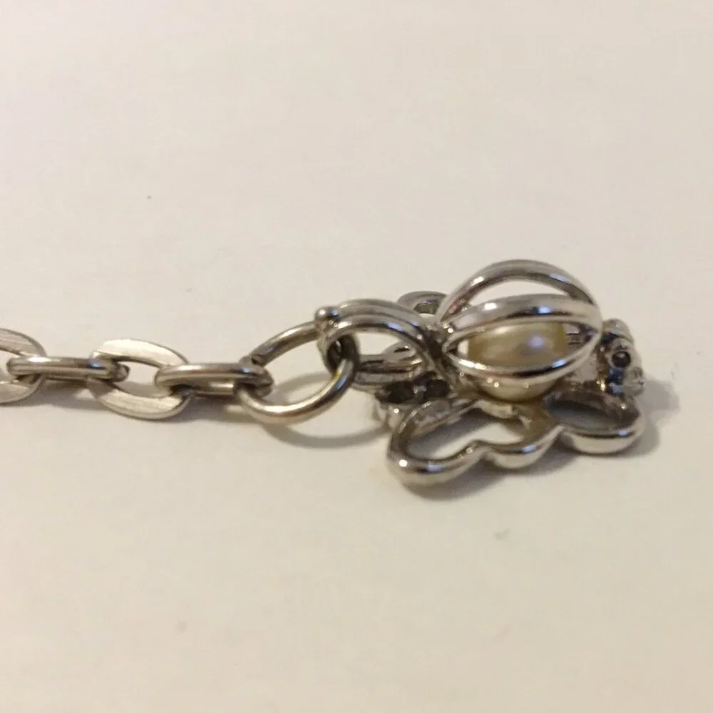 Butterfly Key Chain Silver Tone Metal Cage White Pearl Stone 3D Ring Charm Fob